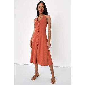Lulus Sincerely Perfect Rust Orange Ribbed Button-front Midi Dress - Size S